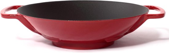 Sürel wokpan van 35 cm in rood, geëmailleerd gietijzer met deksel, oven- en vaatwasserbestendig, voor grote gerechten.