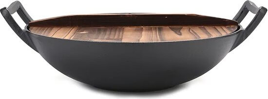GrillX wokpan van 36 cm met houten deksel, zware gietijzeren pan voor BBQ en inductie, vrij van schadelijke stoffen.