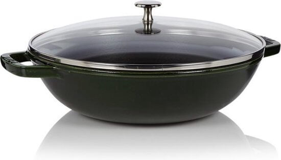 Staub wokpan van 28 cm, premium geëmailleerd gietijzer, geschikt voor alle warmtebronnen, stijlvol ontwerp en uitstekende prestaties.