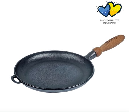 Maysternya gietijzeren pannenkoekenpan met houten handvat 