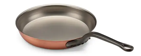 Falk koperen koekenpan met roestvrijstalen binnenkant en gietijzeren handvat, 24 cm.